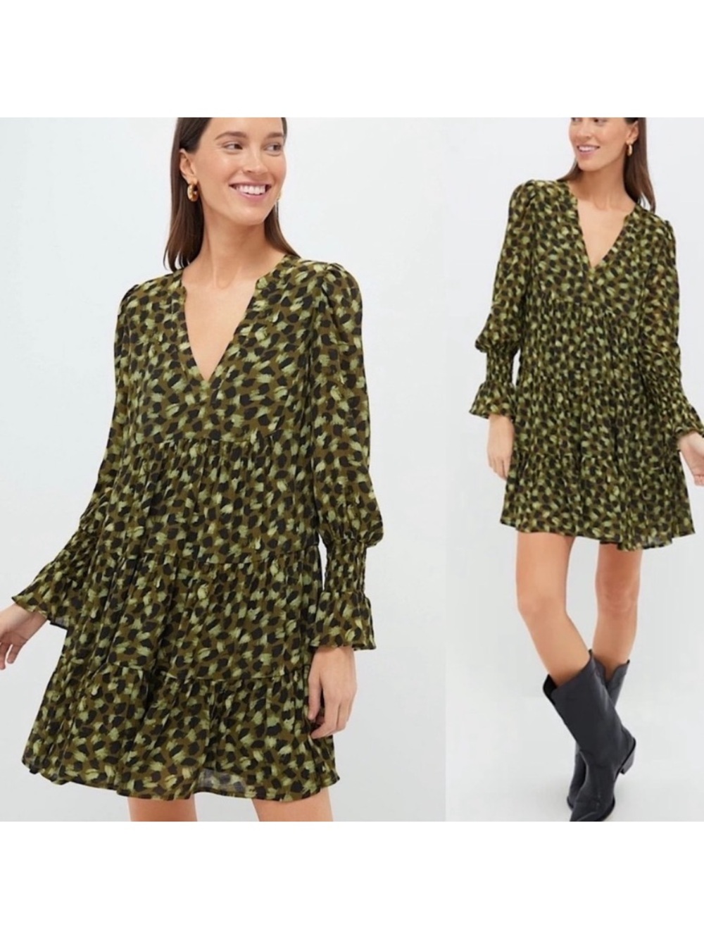 Pomander Place Dress Medium Tuckernuck Kenzie Tiered Smocked Sleeve Green Print